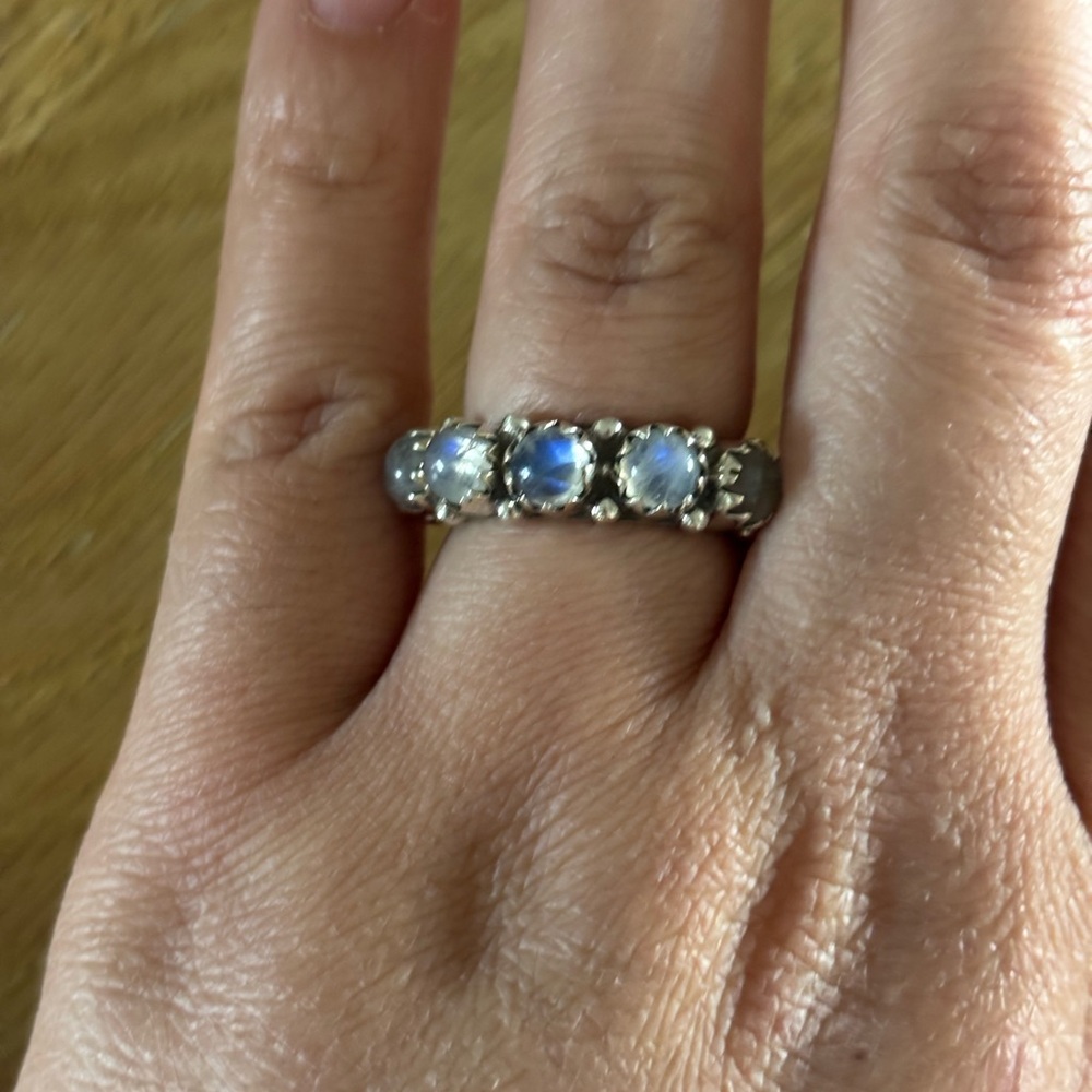 Rainbow Moonstone Eternity Ring Sterling Silver size 8